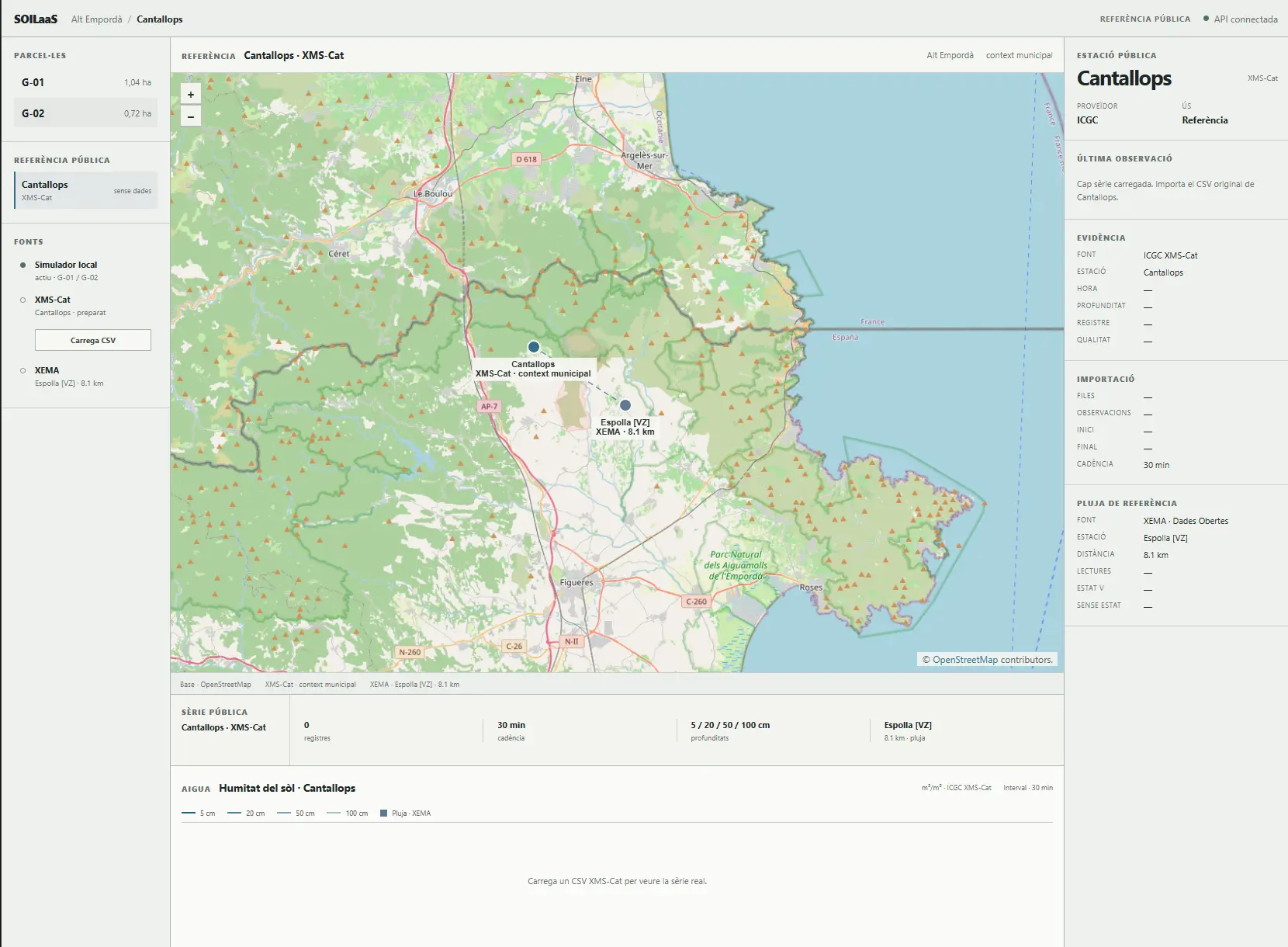 Consola de camp de SOILaaS amb mapa, parcel·la i dades de monitoratge del sòl.