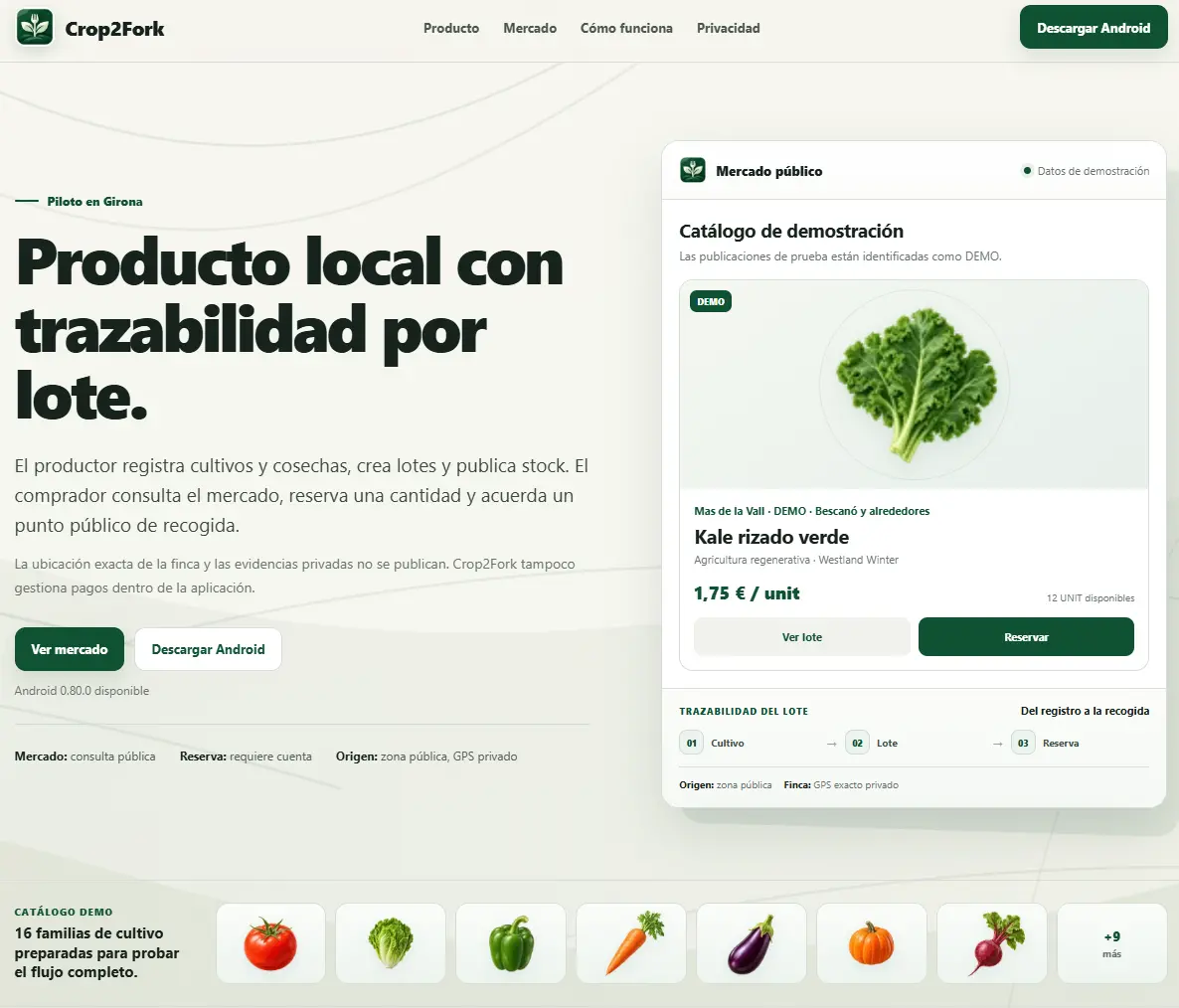 Interfície web de Crop2Fork amb el catàleg públic de demostració.