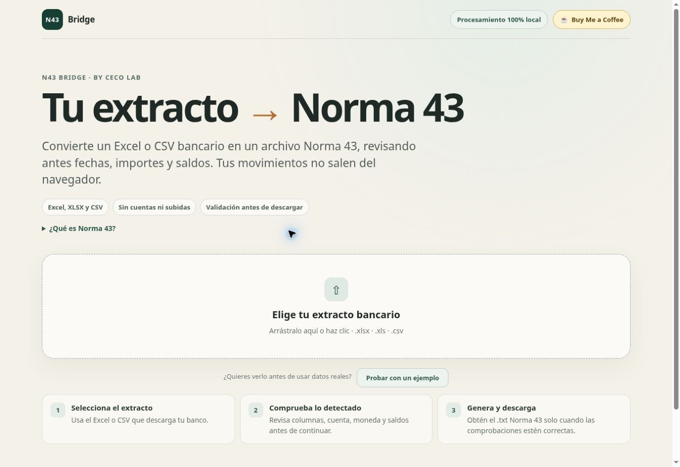 Interfície de N43 Bridge amb importació d’extracte bancari i generació de Norma 43.