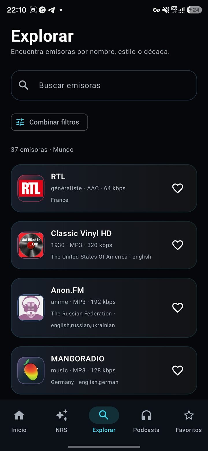 Pantalla Explorar de Neo Radio Station amb cerca i llistat d'emissores
