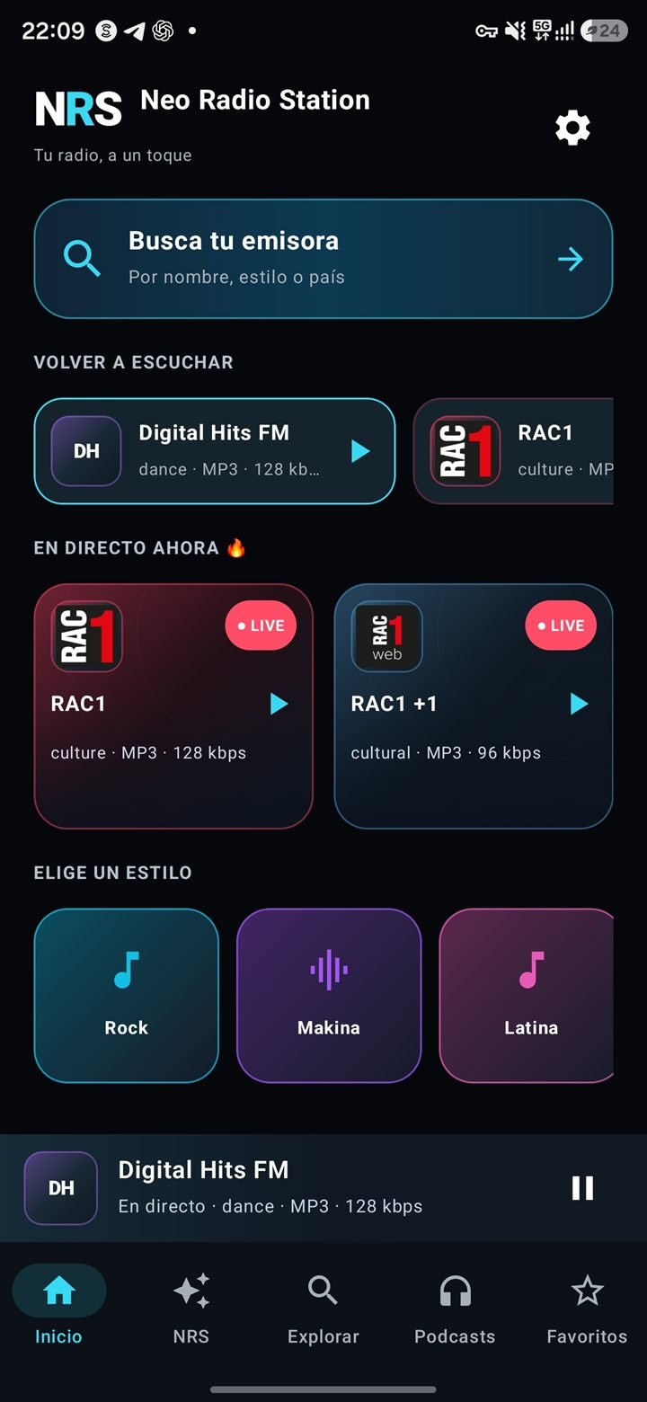 Captura real de la pantalla d'inici de Neo Radio Station