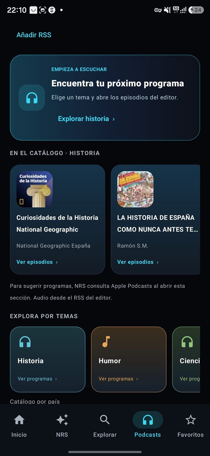 Pantalla de pòdcasts de Neo Radio Station amb catàleg i temes