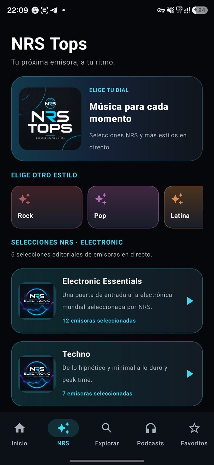 Pantalla NRS Tops de Neo Radio Station amb seleccions editorials per estil