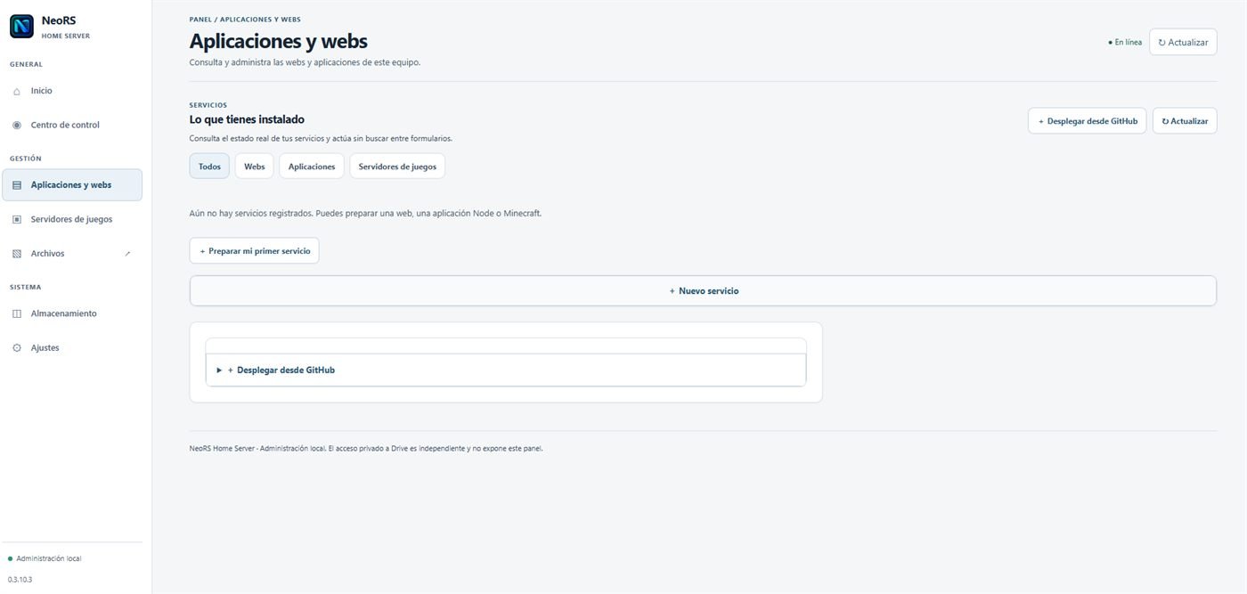 Pantalla d'aplicacions i webs de NRS Home Server