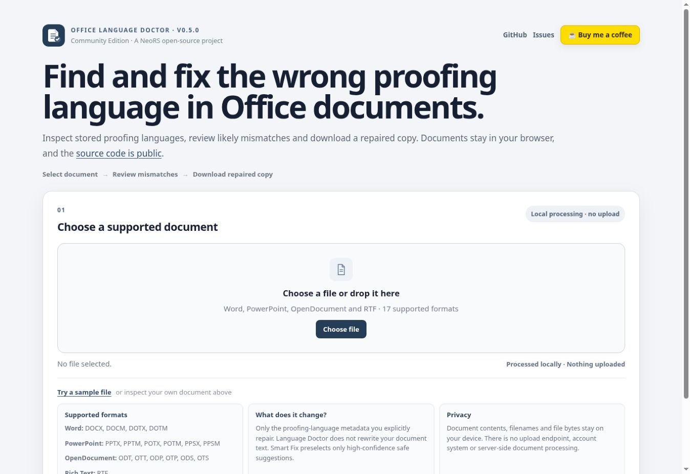 Interfície d’Office Language Doctor amb auditoria d’idioma de correcció en documents.